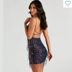 Sequin Fringe Mini Dress with Low back in purple and navy blue